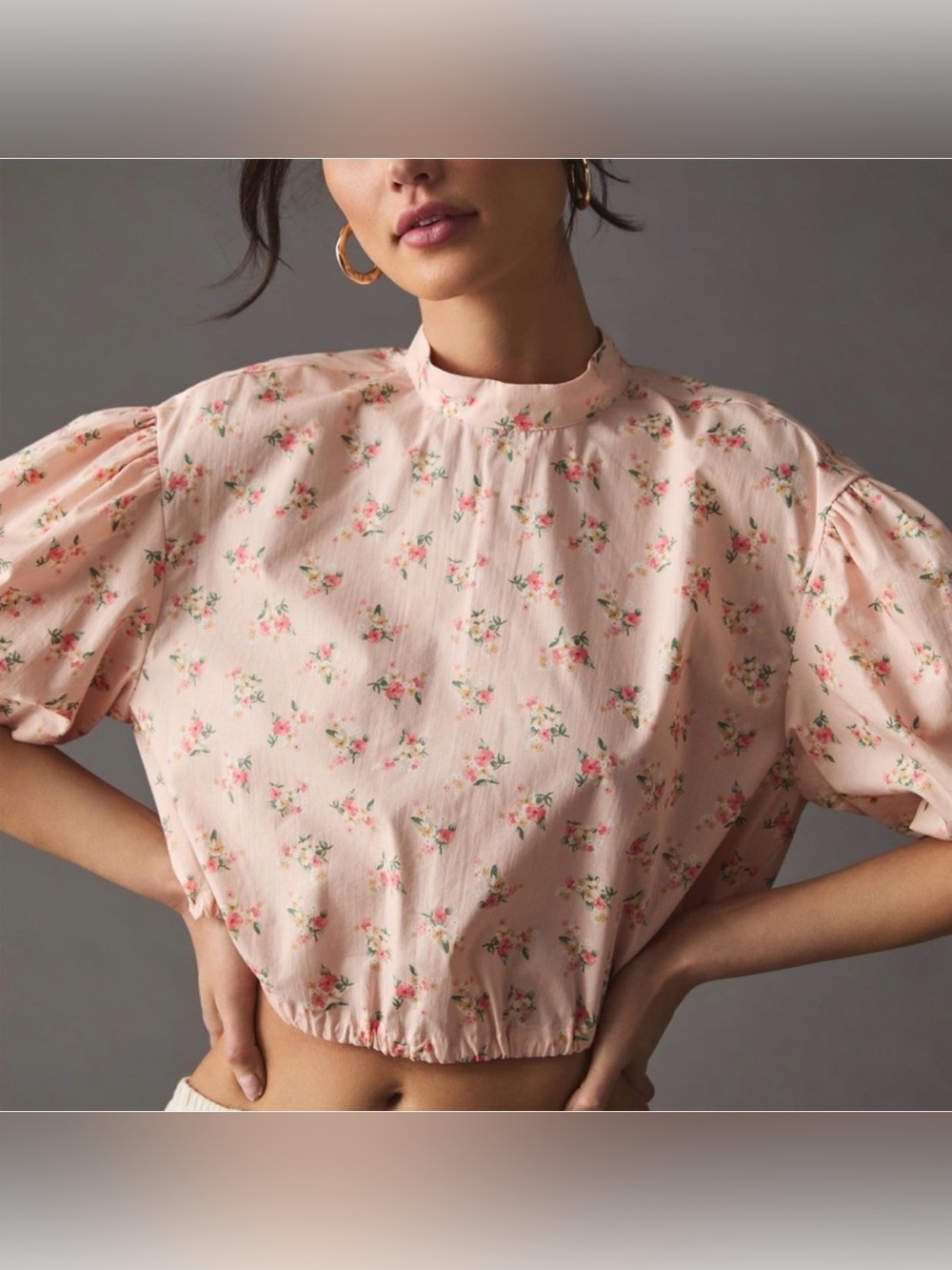 Anthropologie floral cropped bubble sleeve blouse XL pink